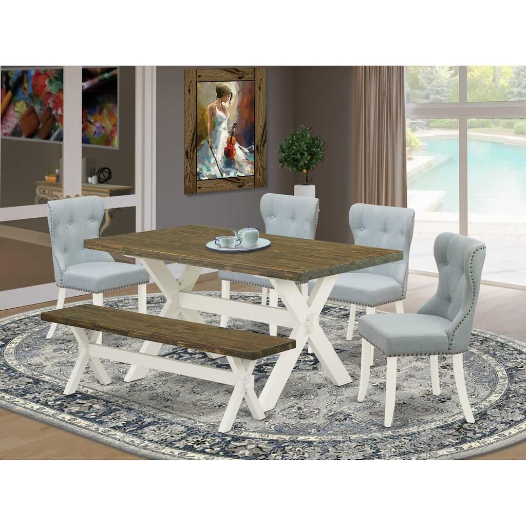 HomeStock 6-Piece Natural Oak Finish Solid Wood Top dining Table with 1-Bench and 4-Chairs