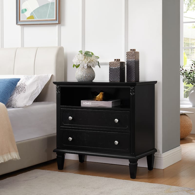 Farmhouse Nightstand with 2 Drawers and Charging Station, Solid Wood Legs, USB Ports & Open Shelf, Fluted Design End Table