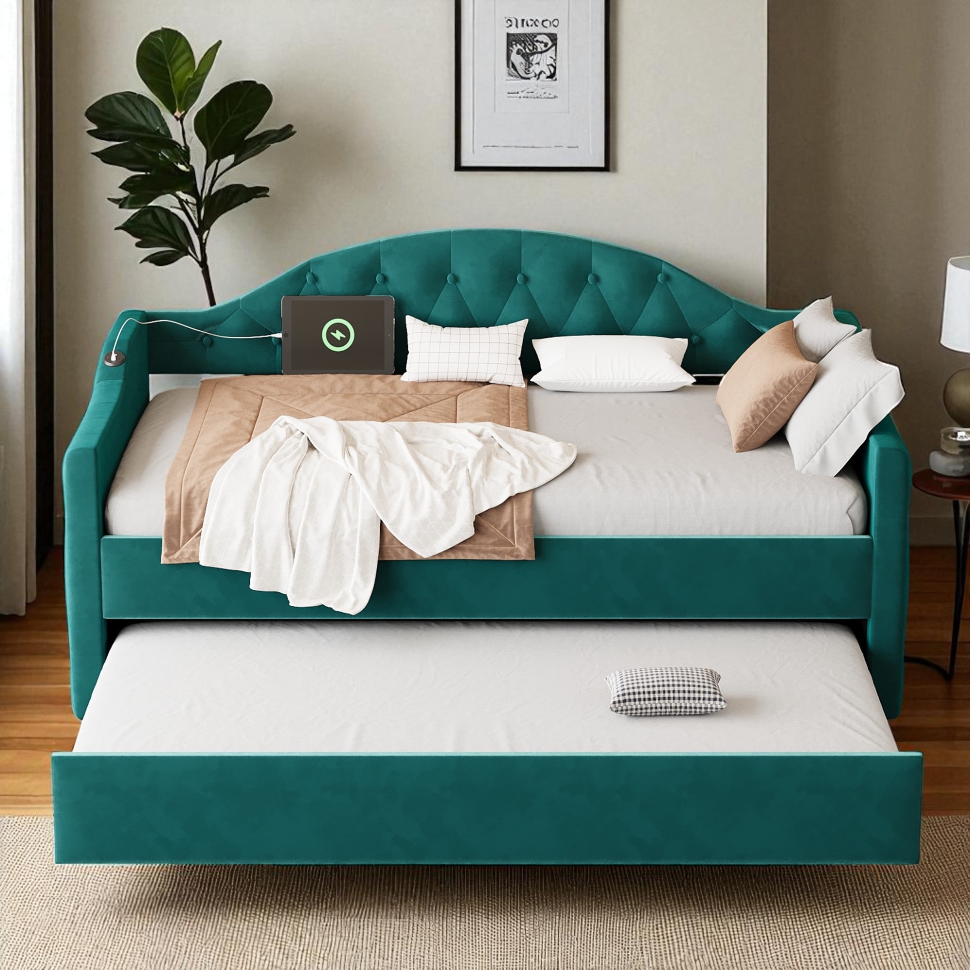 Twin Size Tufted Upholstered Daybed with Trundle, Velvet Platform Sofa Bed with USB and Type-C Ports