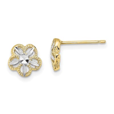 Curata 10k Yellow Gold Rhodium Sparkle Cut Flower Post Earrings - 7.9x7.9mm