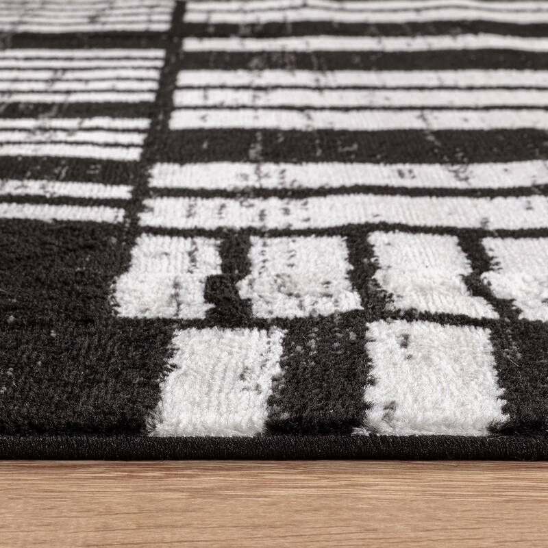 Black Ivory Geometric Blocks Stylish and Durable Area Rug