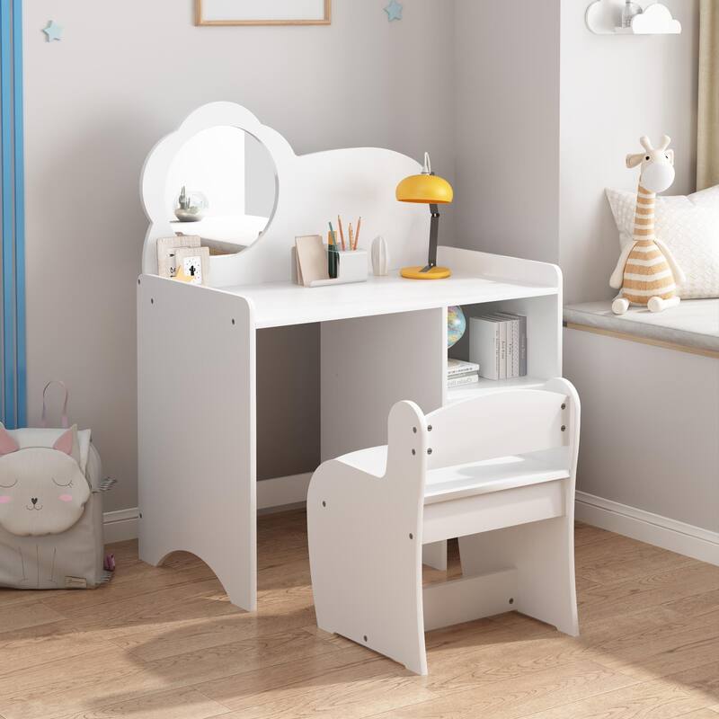 Kids Vanity Table with Mirror and Chair, Wooden Children's Dressing Makeup Desk with Storage Shelves, Study and Activity