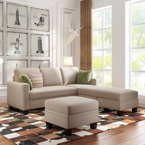 Nailheaded Textured Fabric 3 Pieces Sofa Set, Reversible Storage Chaise L-shape Sectional Sofa with Ottoman