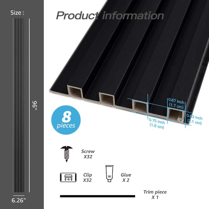 Art3d 96'' x 6'' Slat Wall Panels,WPC Acoustic Wall Paneling, 8pcs,32 sqft