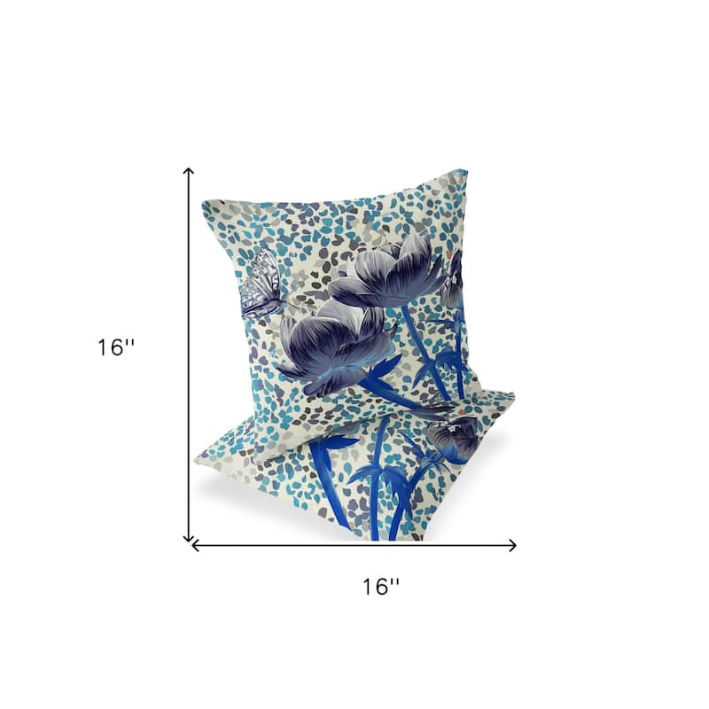 HomeRoots Set of Two 16" X 16" Blue and Gray Butterfly Blown Seam Floral Indoor Outdoor Throw Pillow - 16.00' X '16.00' X '5.00