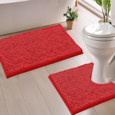 2 Piece Set Red Soft Cozy Plush Chenille Bath Mat Bathroom Rug