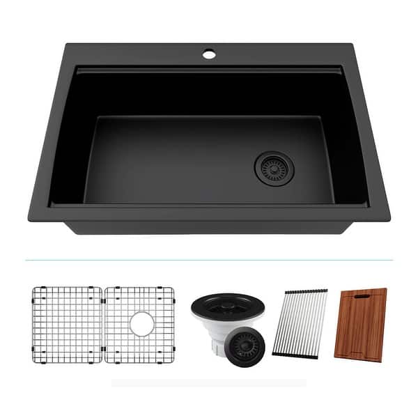 slide 2 of 7, 33 Inch Lexicon Platinum Quartz Composite Drop-in Undermount Single Bowl Workstation Galaxy Black Kitchen Sink LP-750TM-K Galaxy Black