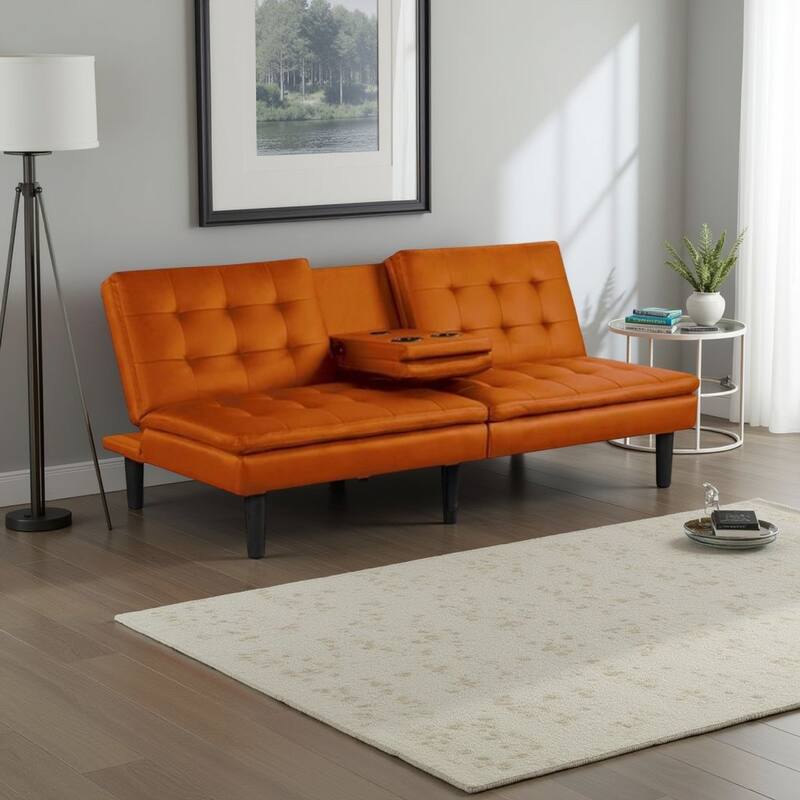 Berie Futon Sofa Bed, Drop-Down Tray, Cupholders, Orange Faux Leather