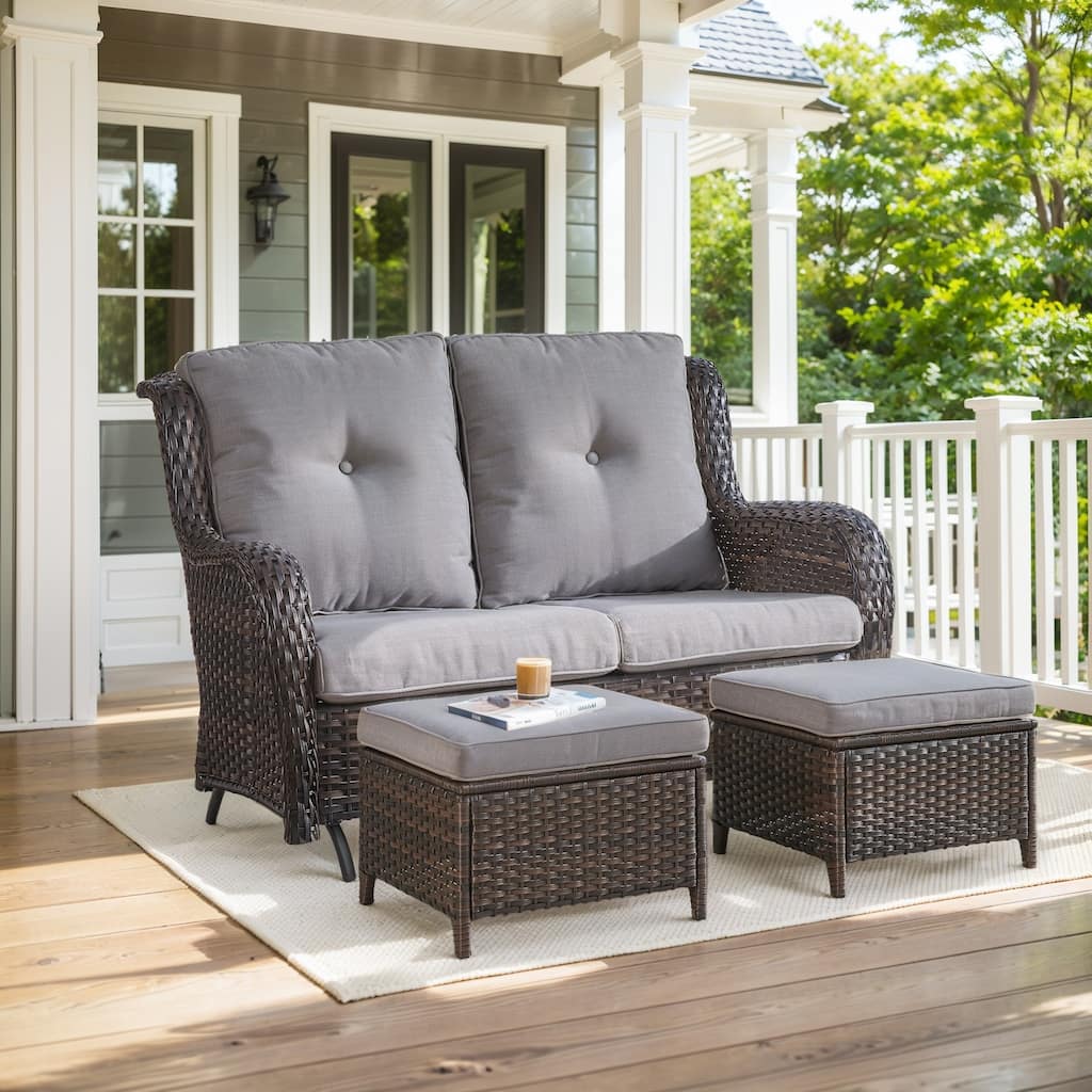 Outdoor Glider Sofa with Ottoman - Grey cushion - Brown