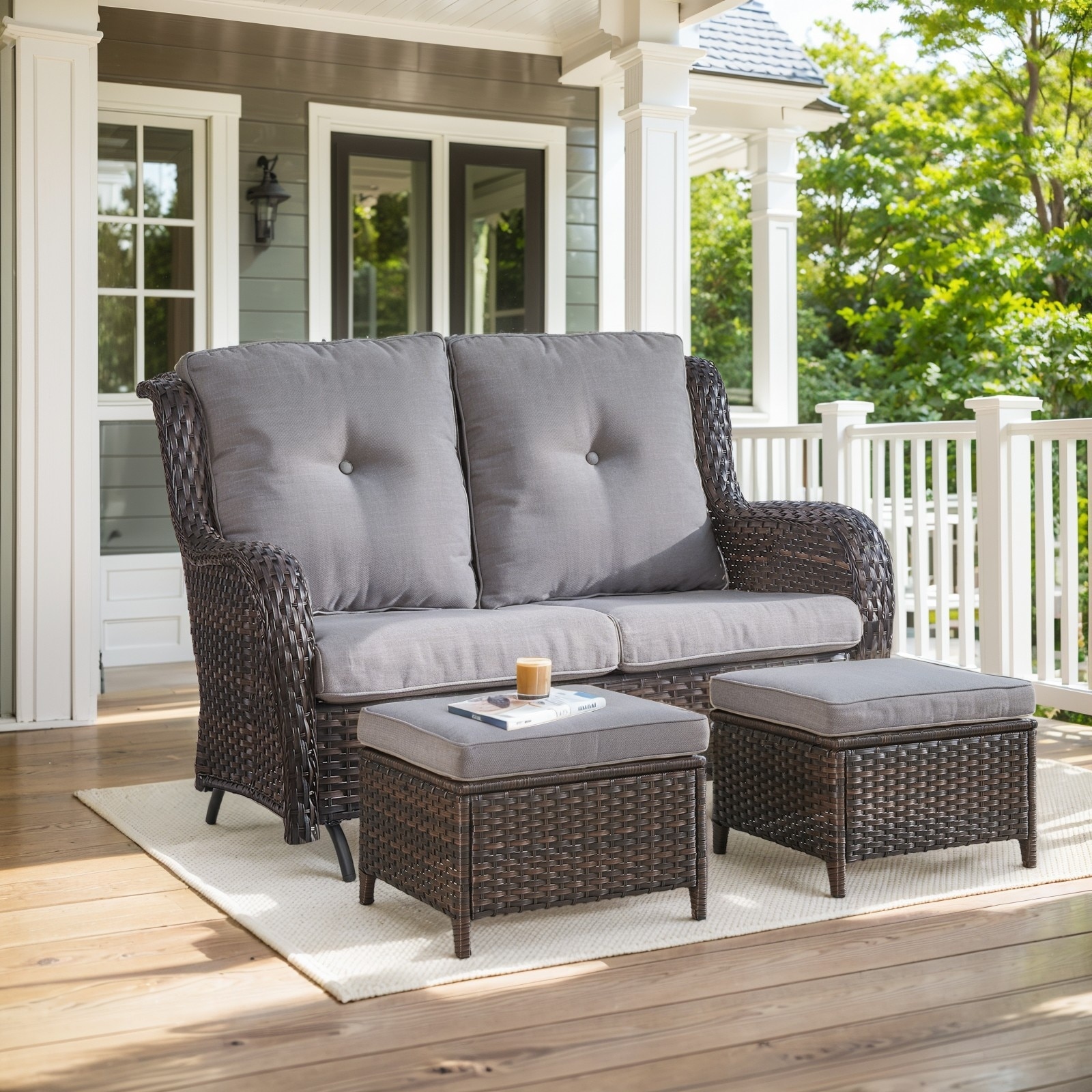 Outdoor Glider Sofa with Ottoman - Grey cushion - Brown
