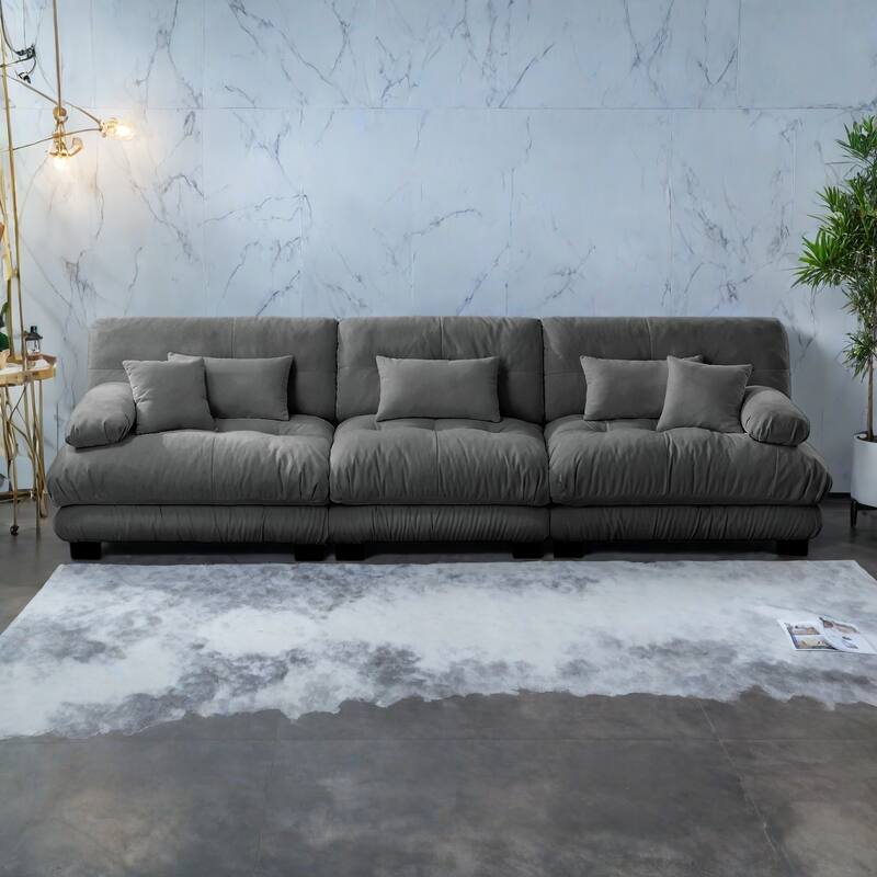 133.8" Chenille 4-Seat Sofa with Round Bolster Armrests, Deep Seat Cushions for Living Room - Gray