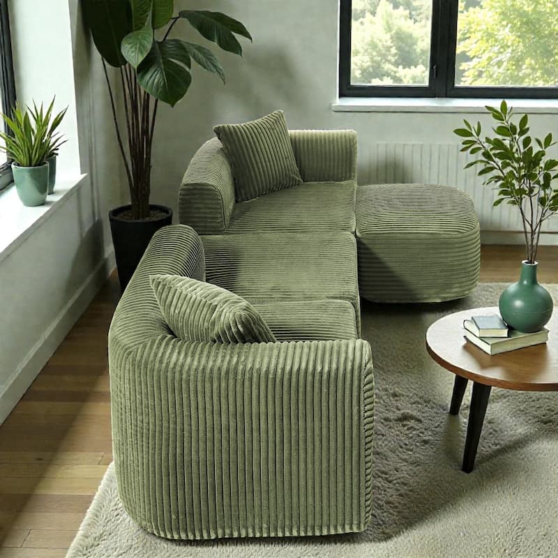 114" Cloud Sectional Couch with L Shape Chaise, Modular Corduroy Sofa with Movable Ottoman, No Assembly