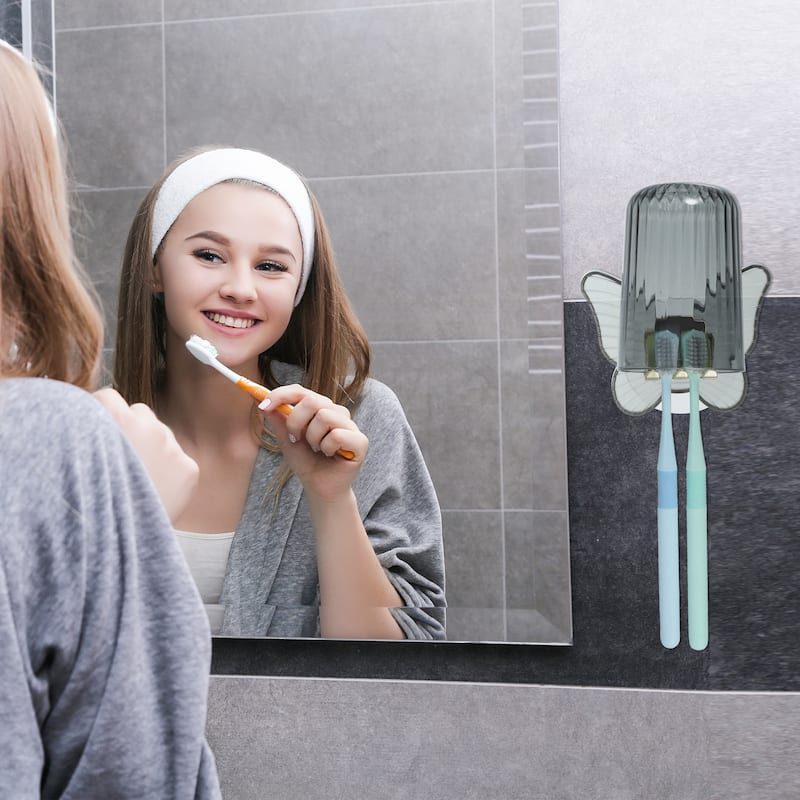 1 Set Wall Mounted Toothbrush Holder, Cute Hanging Toothbrush Holder with Cup, 4.33"x3.35" - Gray