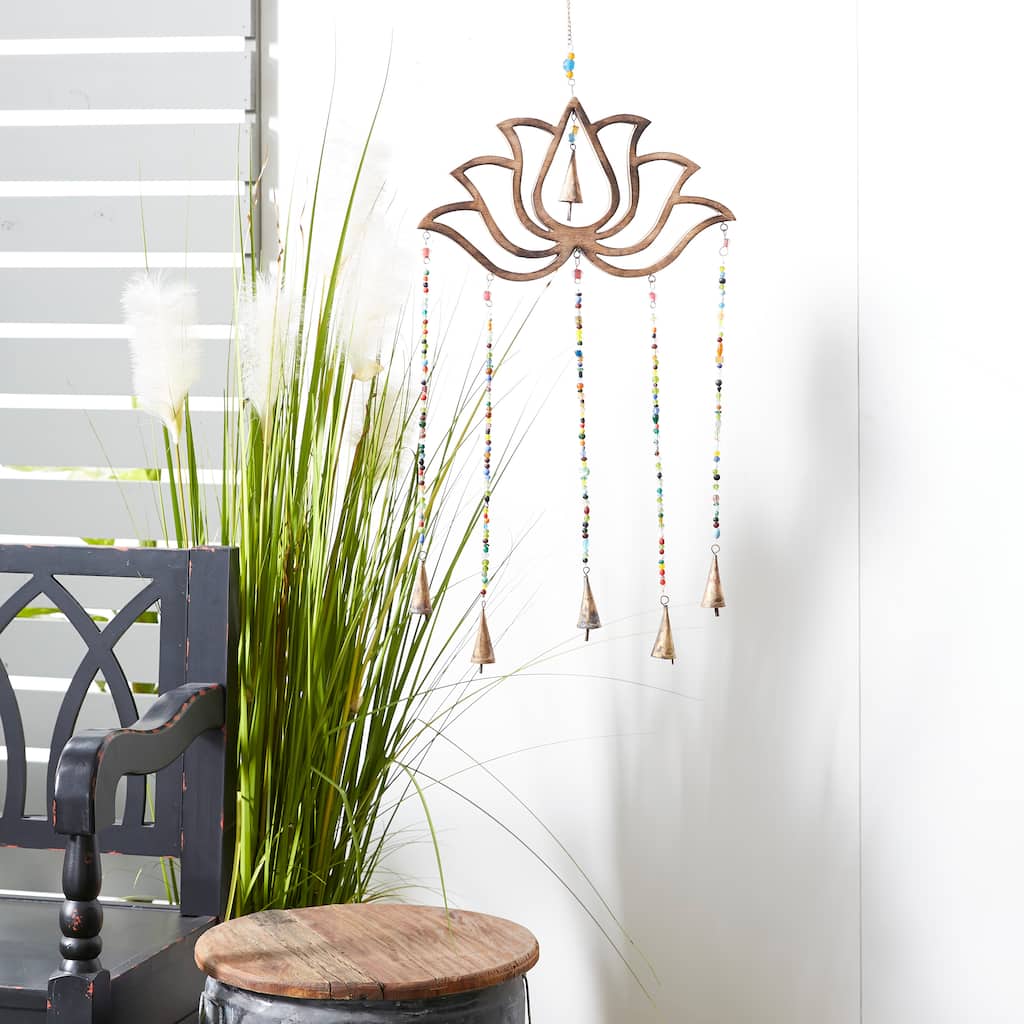 Brown Mango Wood Handmade Lotus Floral Indoor Outdoor Windchime with Glass Beads and Cone Bells