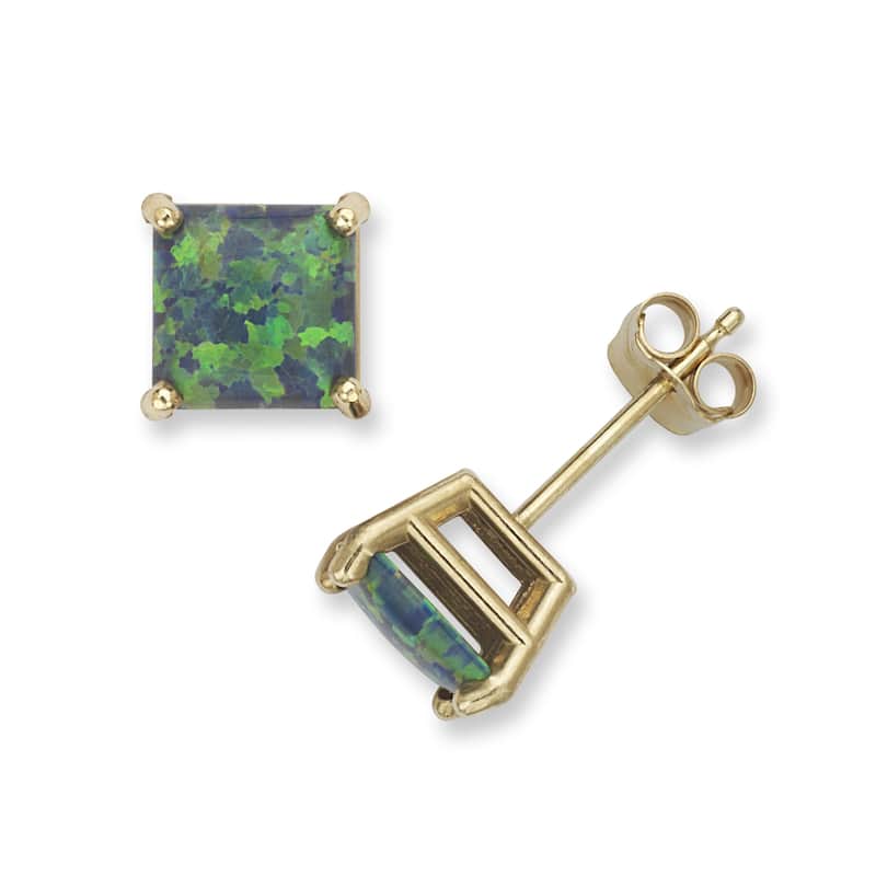 14k Yellow Gold 6mm Reconstructed Opal Square Princess Earrings