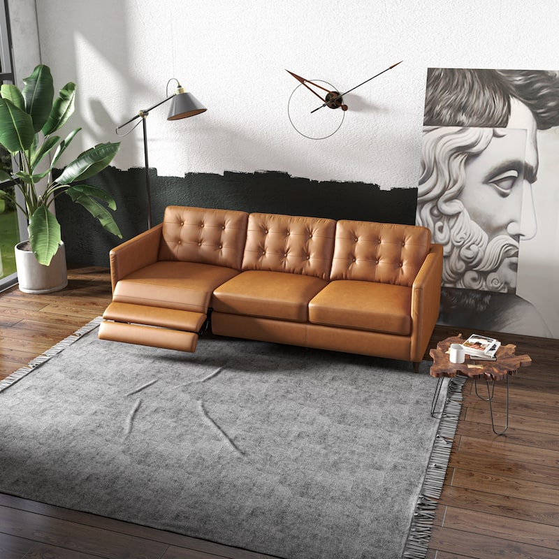Luigi Mid-Century Modern Tufted Back Genuine Leather Recliner Sofa in Tan