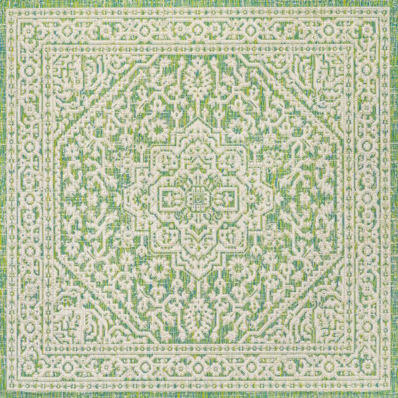 JONATHAN Y Rozetta Medallion Textured Weave Indoor/Outdoor Area Rug - 5' Square - Cream/Green