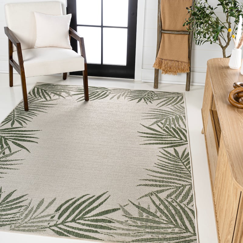 JONATHAN Y Beckett Coastal Cottage Palm Frond Border Blue/Cream Indoor/Outdoor Area Rug