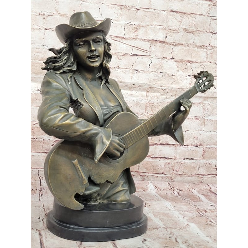Bronze Country Singer Musician Bust - Cowgirl Guitar Sculpture Decor