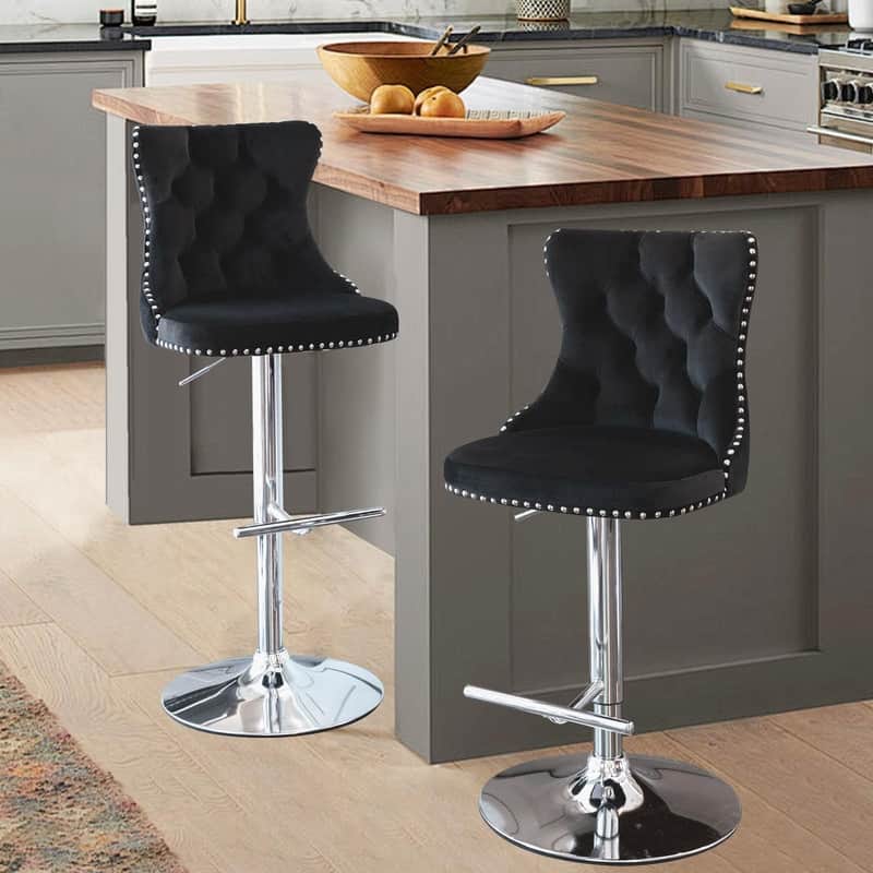Velvet Upholstered Nailheads Tufted Swivel Bar Stools (Set of 2)