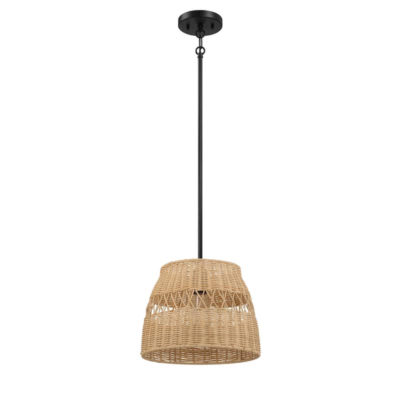 Single Lights Pendant With Rattan Shade Black Metal Finish for Farmhouse Style - Black,Rattan
