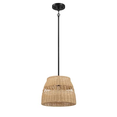 Single Lights Pendant With Rattan Shade Black Metal Finish for Farmhouse Style