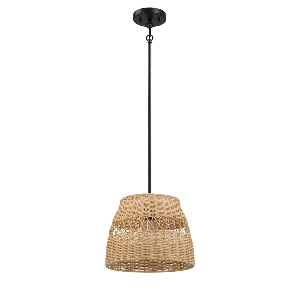 Single Lights Pendant With Rattan Shade Black Metal Finish for Farmhouse Style