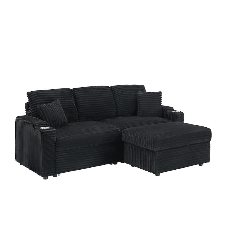 80-inch Foldable Hidden Black Corduroy Sofa with Cup Holders, Footrest and Storage Function