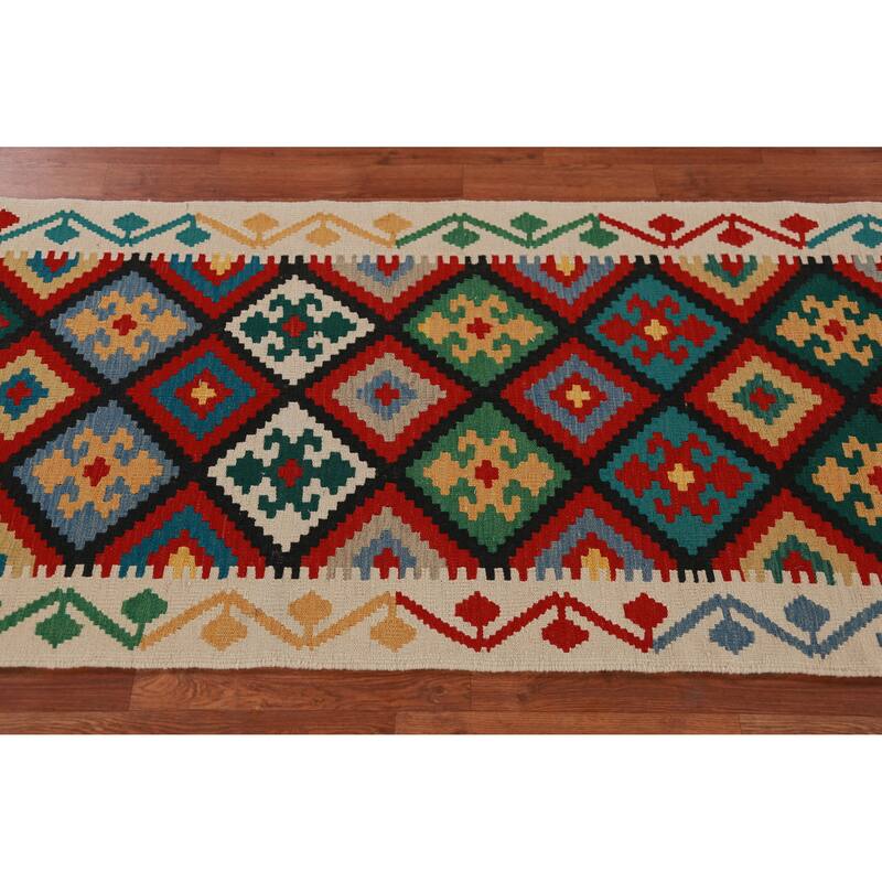 Hand Woven Oriental 100% Wool Carpet Southwestern Geometric Multi-Colored Kilim Runner Rug - 13' 2'' X 2' 9''