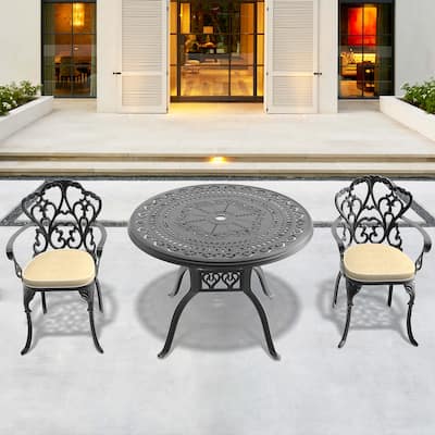 3 Piece Patio Bistro Set with Cushions, Bistro Chairs and Table with Umbrella Hole