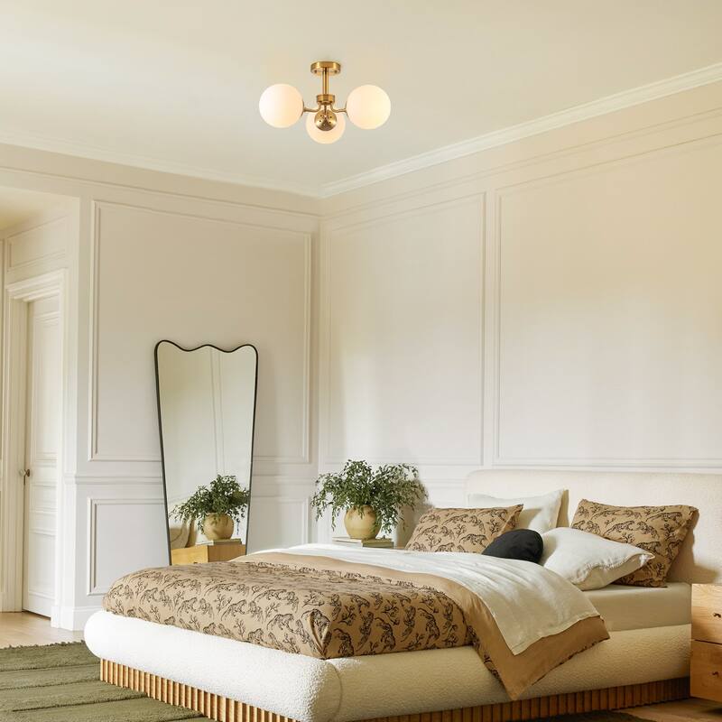 23.2" W 3-Light Bohemian Farmhouse Gold/White Sputnik Frosted Opal Bubble Glass Semi-Flush Mount Ceiling Light