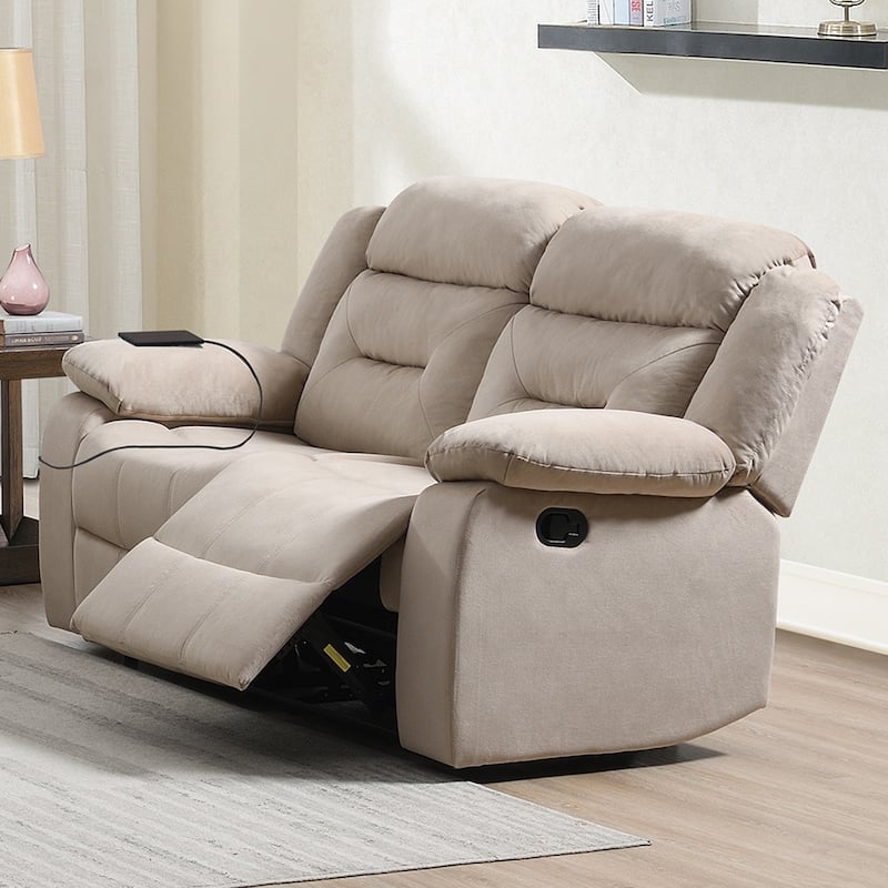 Velvet Upholstered Manual Motion Recliner Loveseat with USB Port in Dark Gray