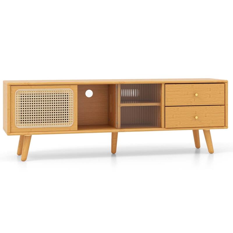 Costway Bamboo TV Stand Console Table with PE Rattan Door & 2 Drawers - See Details
