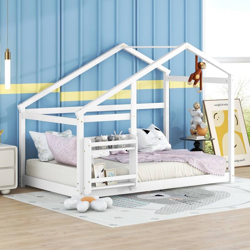 Floor Wooden House Bed with Shelf, No Box Spring Needed