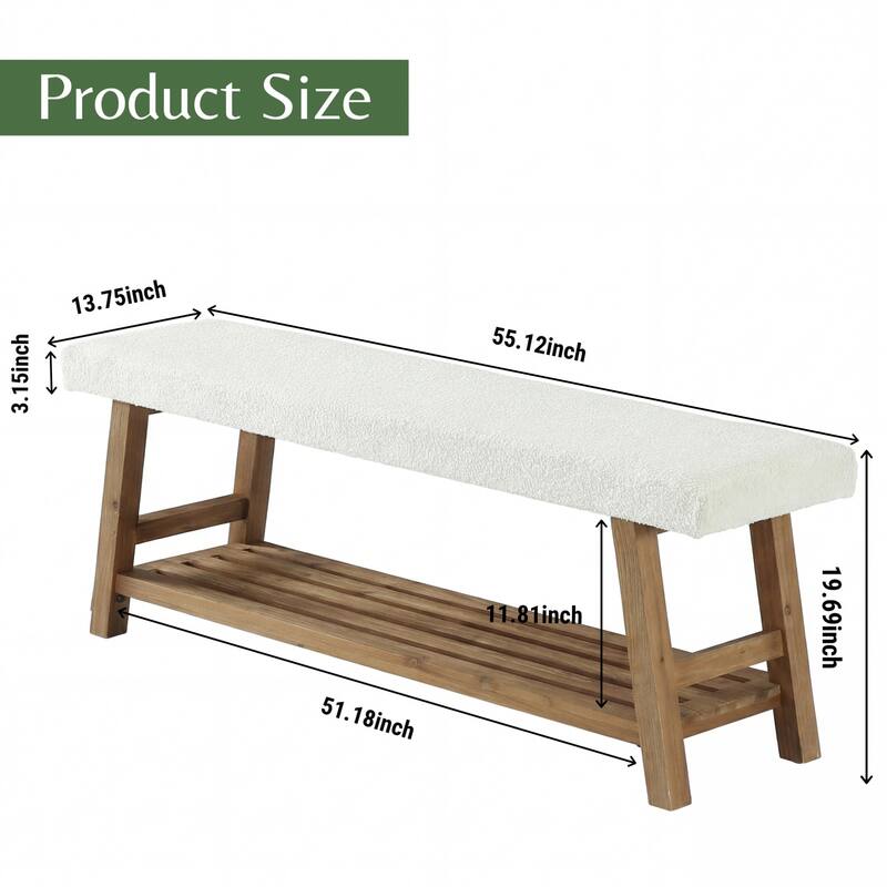 55 Inch Upholstered Shoe Rack Bench with Cushion for Entryway, Bedroom, Kitchen, Dining Room, Solid Wood Bench Seating
