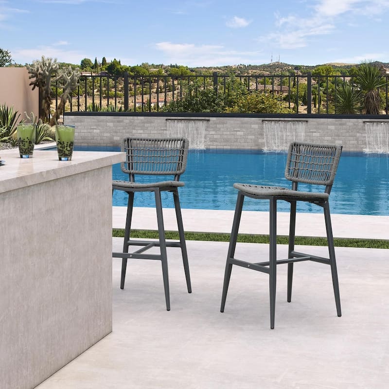 PURPLE LEAF Bar Stools Set of 2 Patio Wicker Bar Height Metal Chairs Boho High Barstools with Back for Garden Outdoor - Bar Height-Dark Grey
