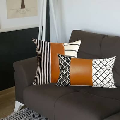 Bohemian Mixed Set of 2 Vegan Faux Leather Brown Geometric Throw Pillow Cover