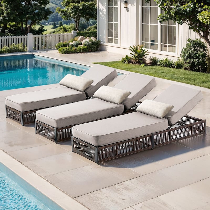 Pocassy 3 Pieces Patio Lounge Chair with Adjustable Backrest - Brown Wicker Beige Cushion