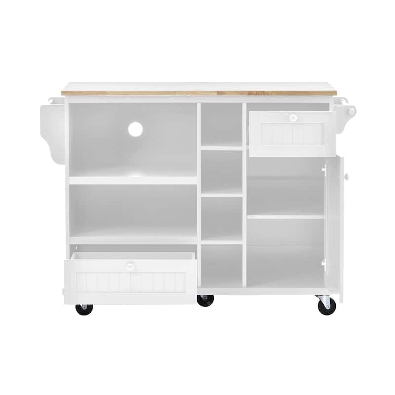 Rubberwood Kitchen Cart with Microwave Storage Rack, Exterior Shelves, and Two Drawers