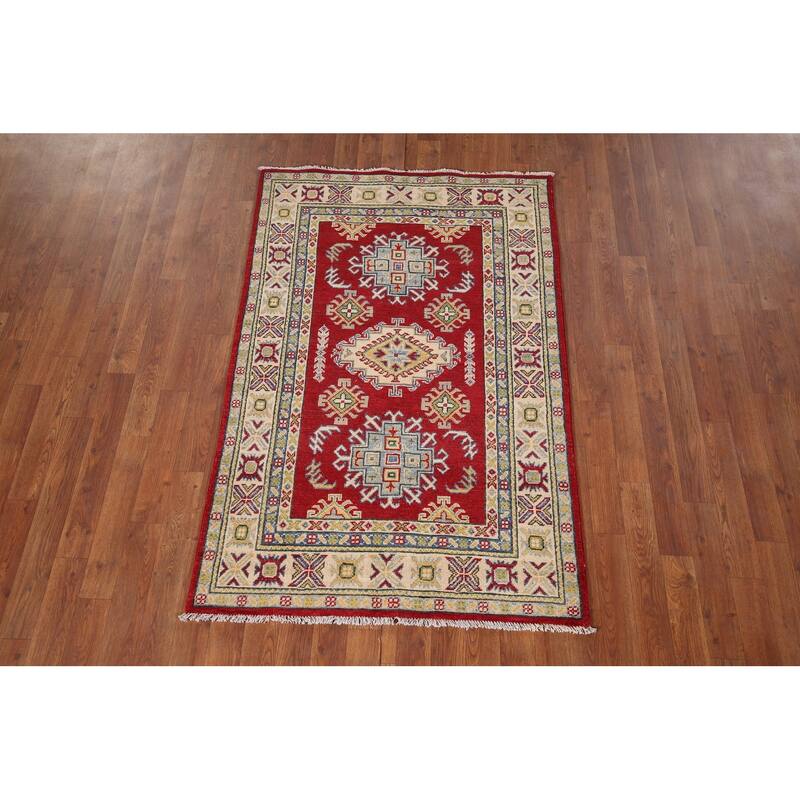 Red Geometric Kazak Foyer Rug Handmade Wool Carpet - 3'3" x 5'0"