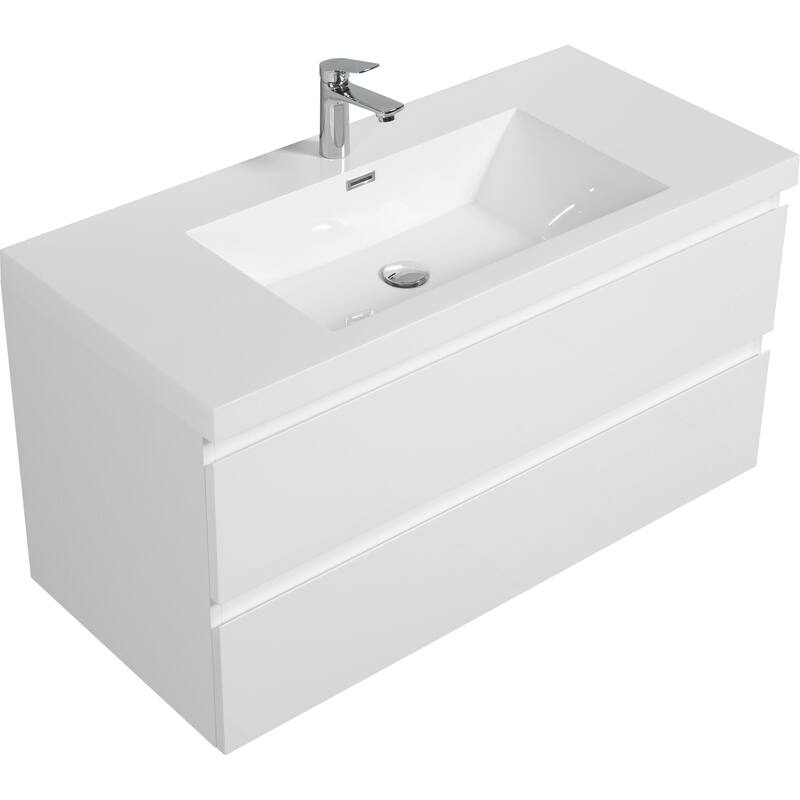 35.5-Inch Floating Bathroom Vanity with Glossy Resin Sink, Ash Grey Color, Wall-Mounted Design, 2 Drawers