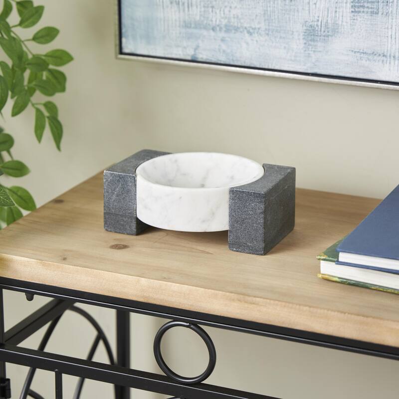 White Marble Round Geometric Living Room Decor Tray with Black Rectangular Blocks - White - 8"W, 3"H