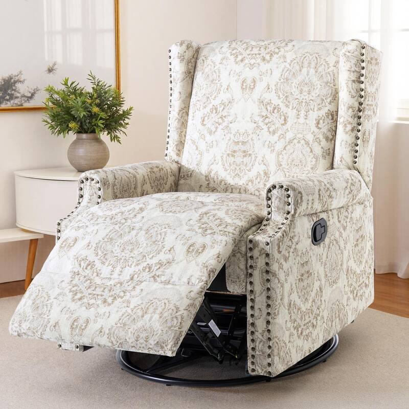 Patterned Linen Swivel Manual Push-Back Recliner Chair - Beige