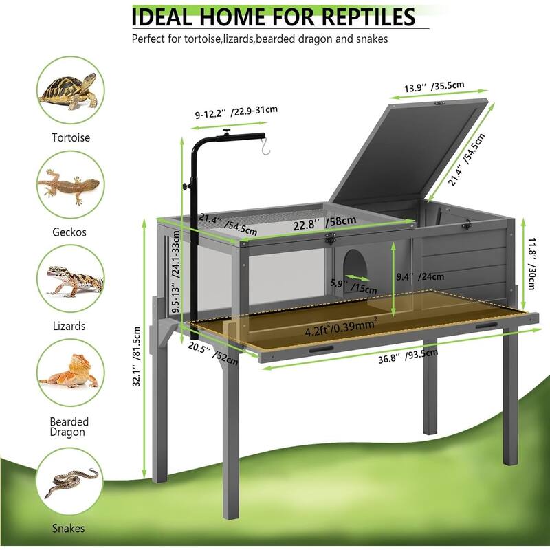 BOSSIN Tortoise Habitat with Detachable Legs, Wooden Tortoise House Reptile Cage for Small Animals with Lamp Holder
