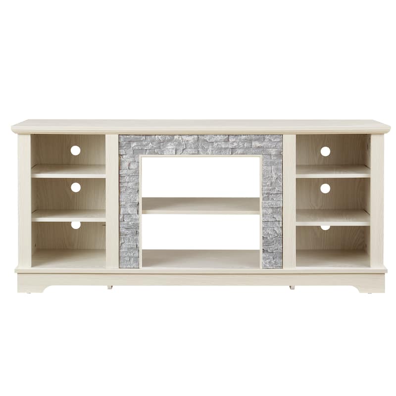 White 58.31" TV Stand with Faux Stacked Stone Surround, Adjustable Shelves and Open Storage Space for TVs Up to 65"
