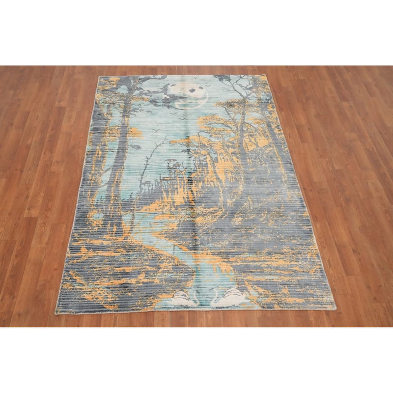 Hand Knotted Oriental Viscose Silk Carpet Modern Pictorial Multi-Colored Abstract Area Rug - 6' 6'' X 4' 5''