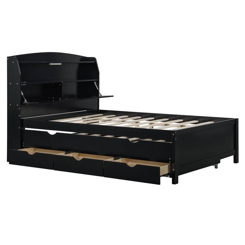 Wooden LED Platform Bed with Trundle