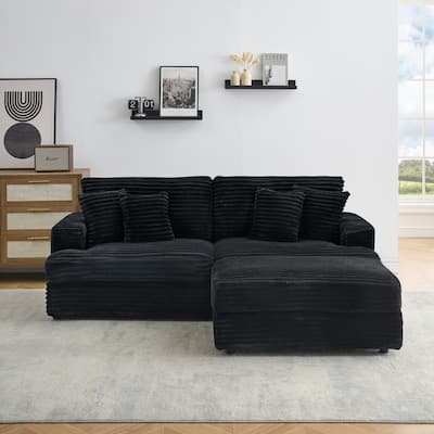 82-inch Black Corduroy Sofa with Storage Ottomans and 4 Pillows