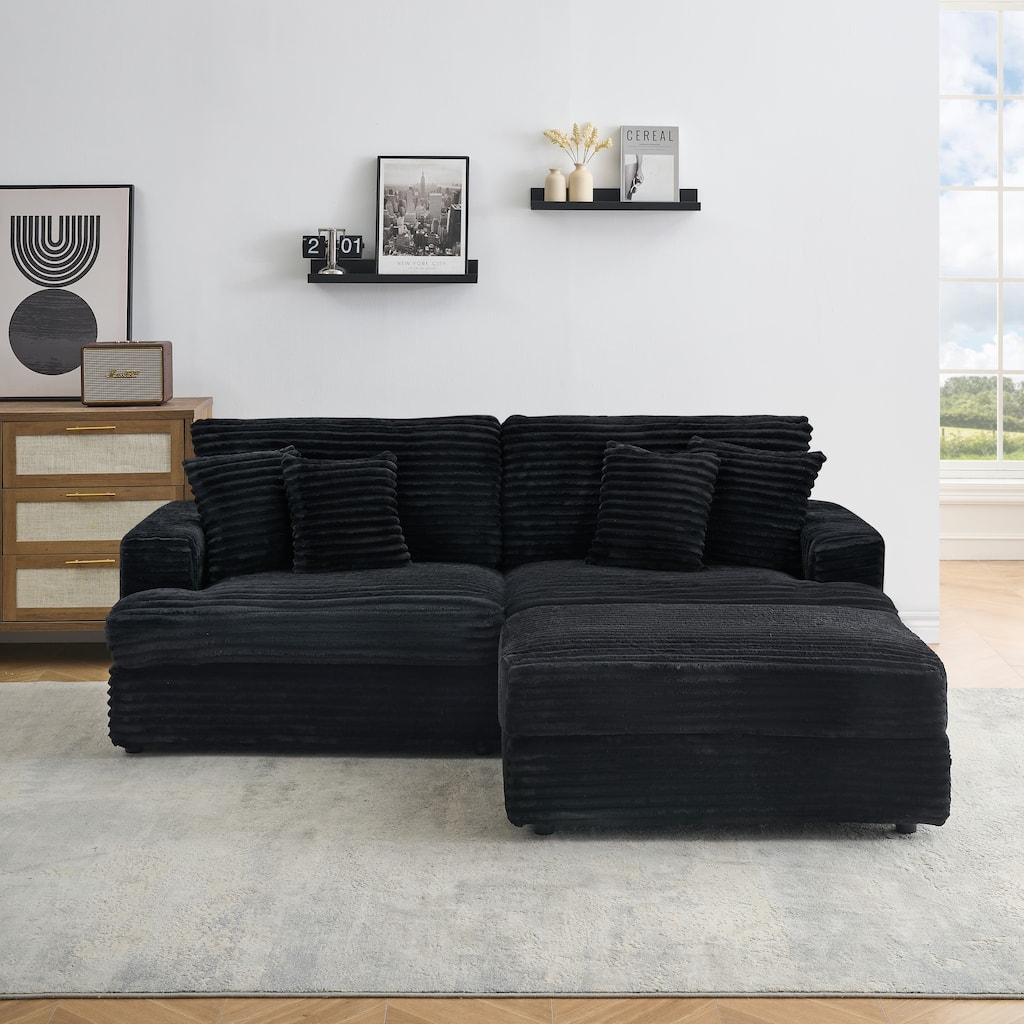82-inch Black Corduroy Sofa with Storage Ottomans and 4 Pillows
