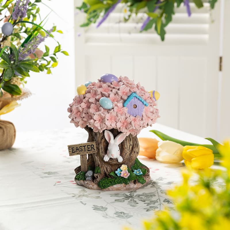 Glitzhome Easter Resin Egg Shaped House Table Decor Bunny & Pink Blossoms Figurine